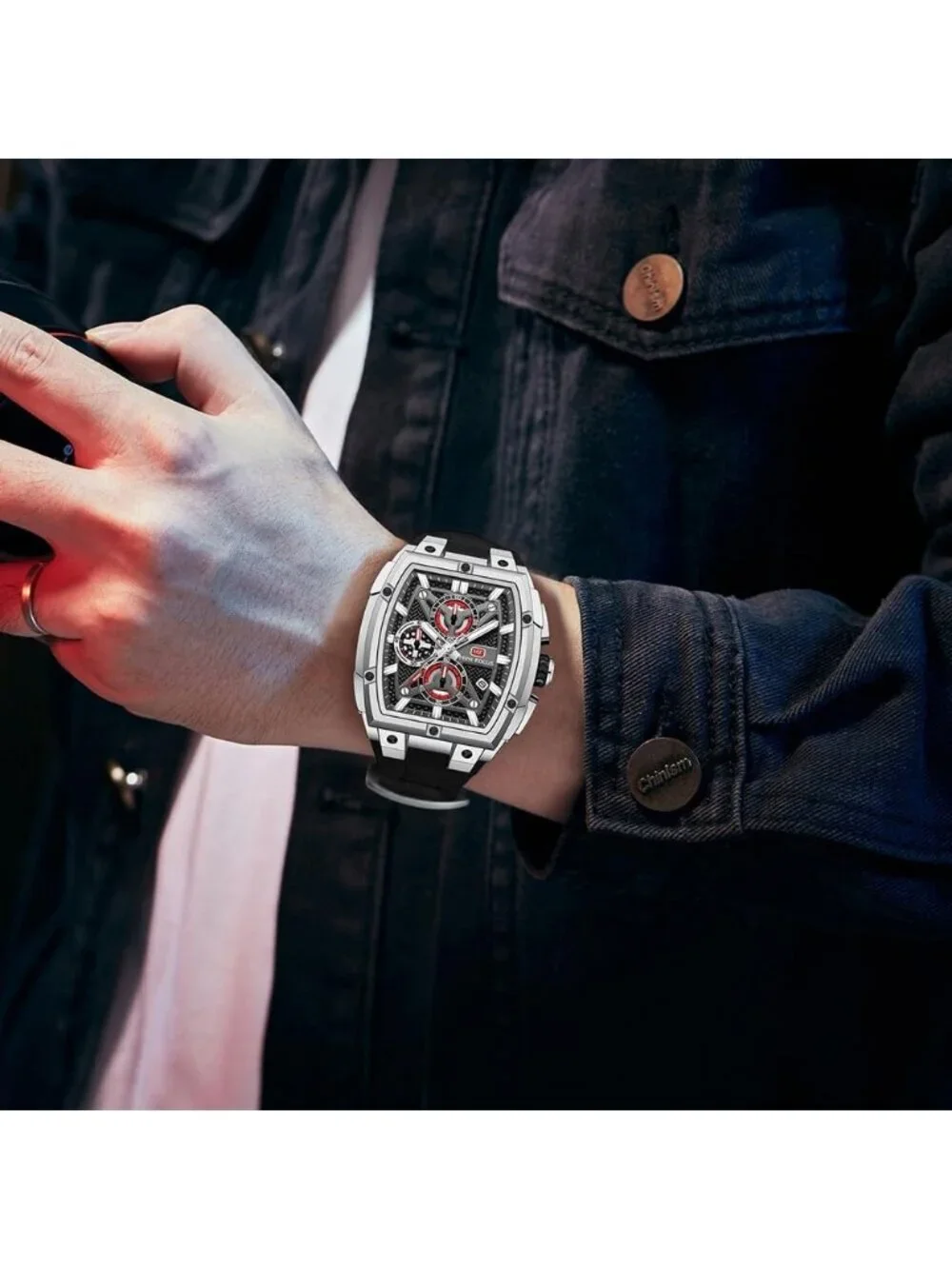Men's Silver Analog Wrist Skeleton Tonneau Chronograph Ideal Enthusiasts Watch